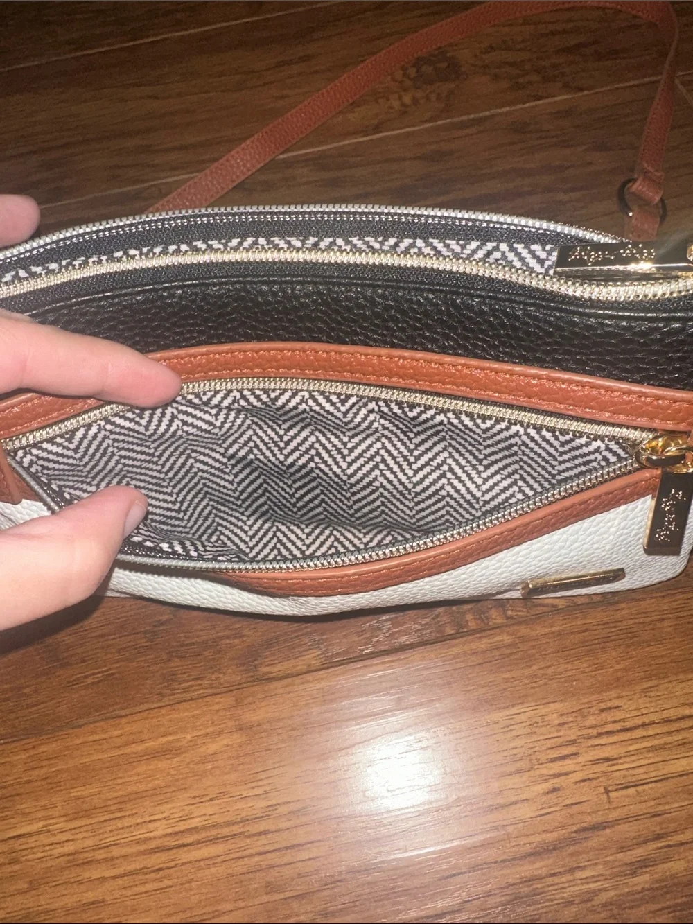 Itzy Ritzy Tricolor Crossbody Bag in White, Black & Tan